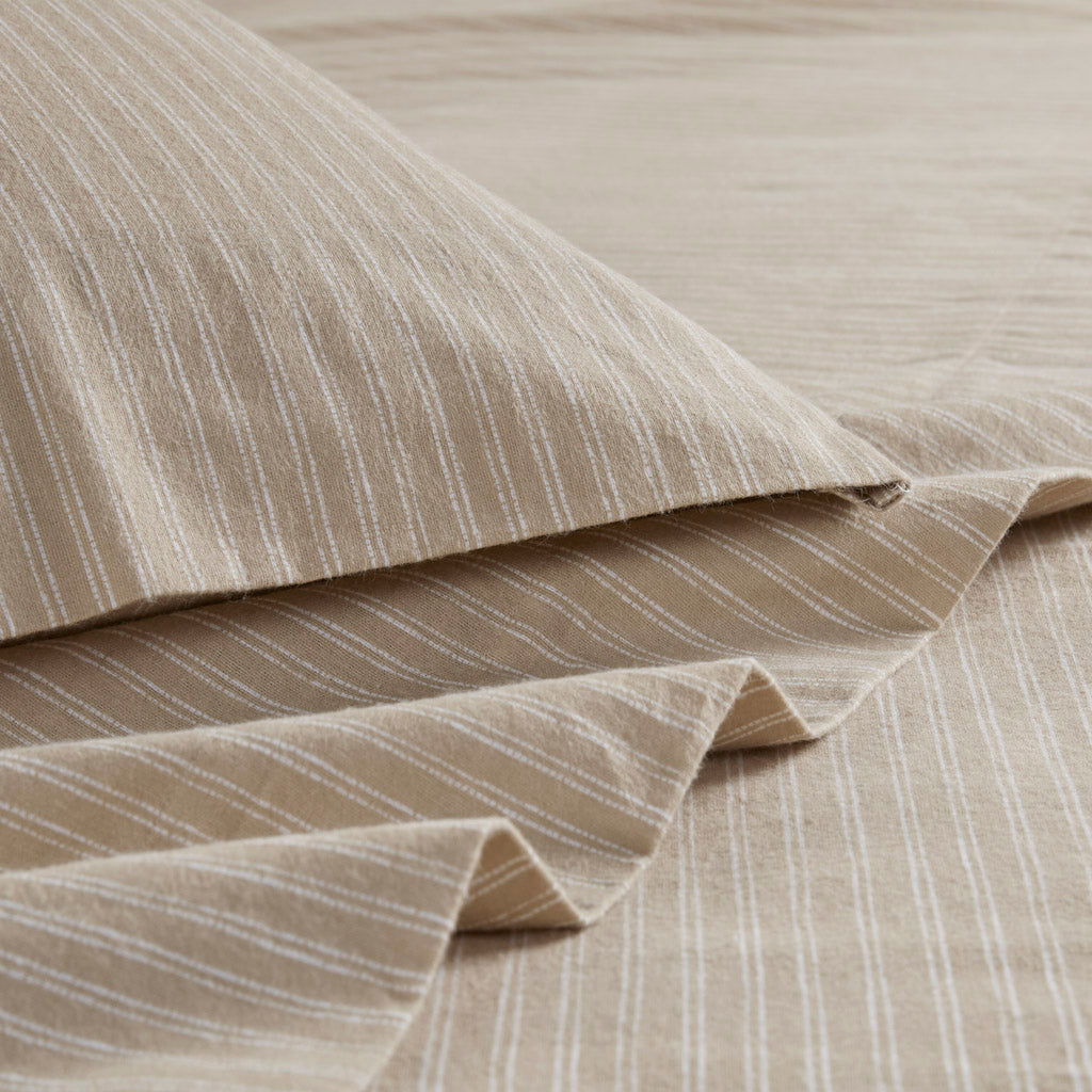 Oversized Cotton Flannel 4 Piece Sheet Set - Beige/White Stripes