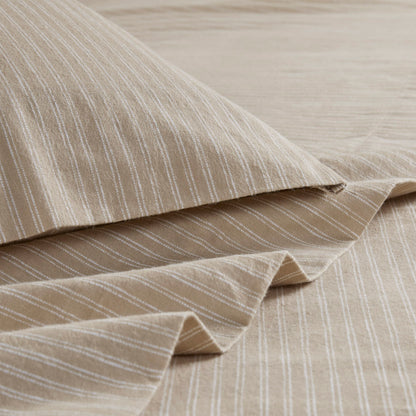 Oversized Cotton Flannel 4 Piece Sheet Set - Beige/White Stripes