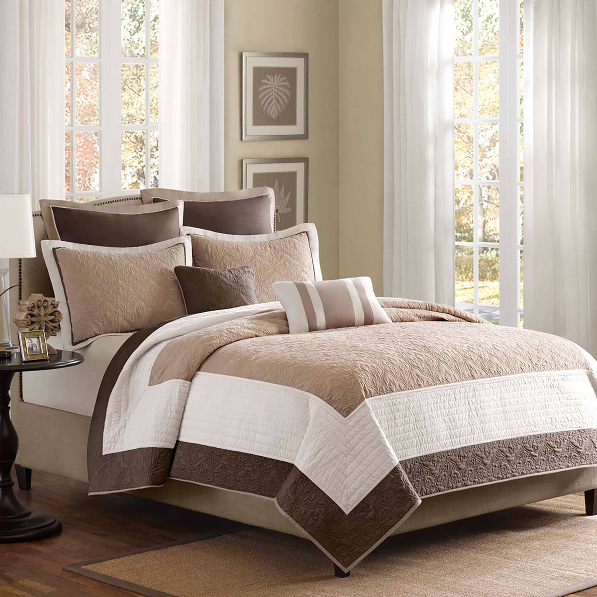 Attingham 7 Piece Quilt Set with Euro Shams and Throw Pillows - Beige