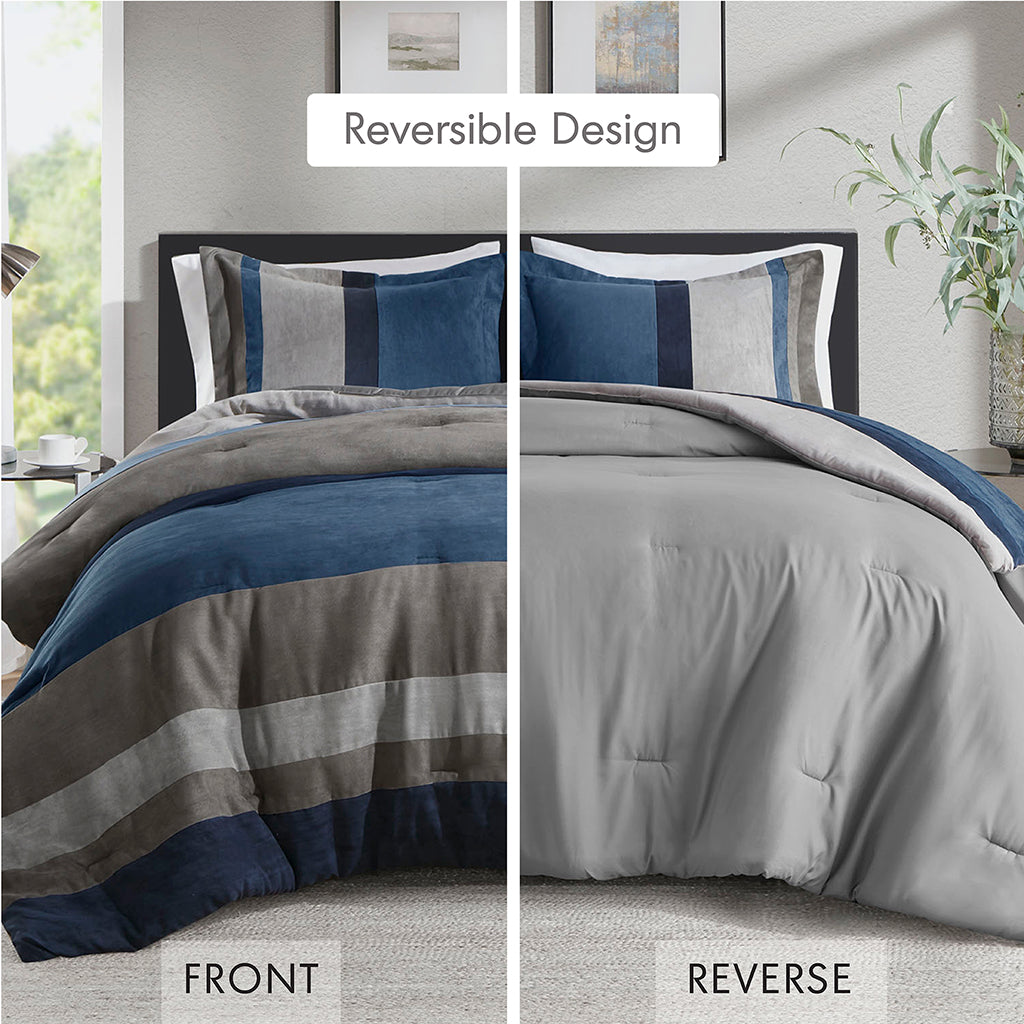 Highland Stripe Pieced Faux Suede Comforter Set - Blue