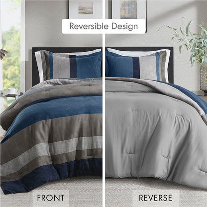 Highland Stripe Pieced Faux Suede Comforter Set - Blue