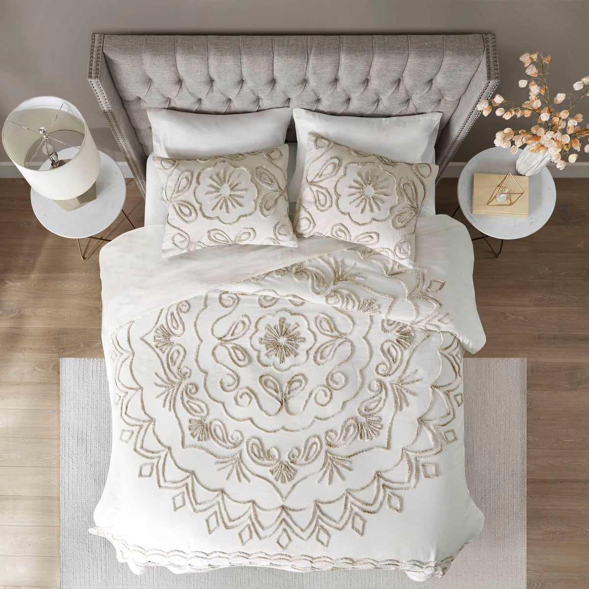 Violette 3 Piece Tufted Cotton Chenille  Coverlet Set - Ivory/Taupe