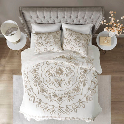 Violette 3 Piece Tufted Cotton Chenille  Coverlet Set - Ivory/Taupe