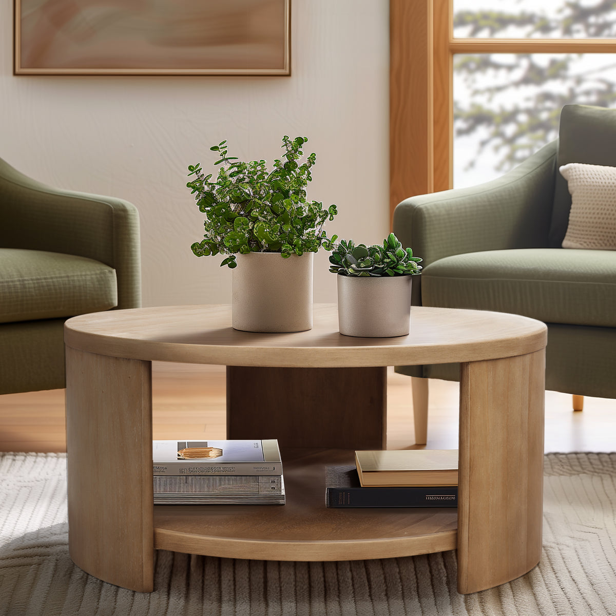 Skye Round Coffee Table with Shelf - Natural