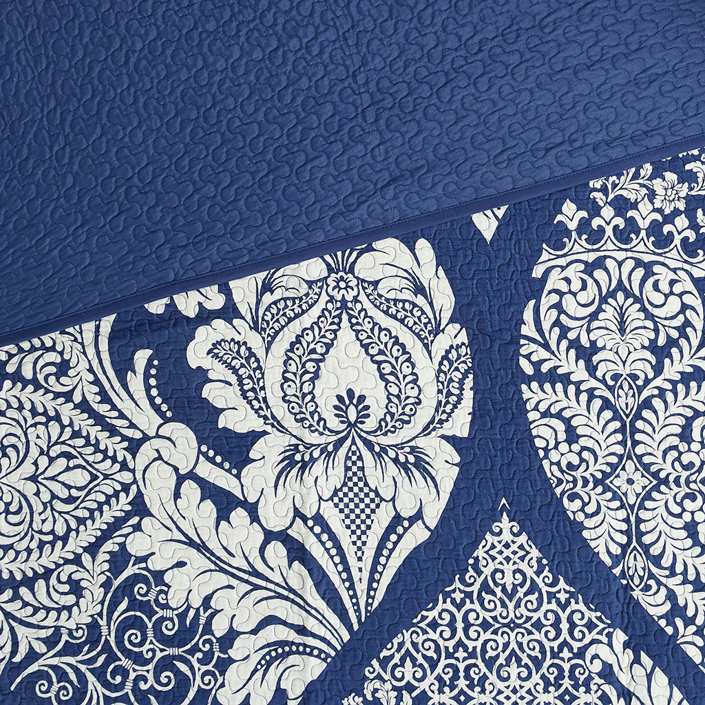 Vienna 6 Piece Printed Cotton Quilt Set with Throw Pillows - Indigo