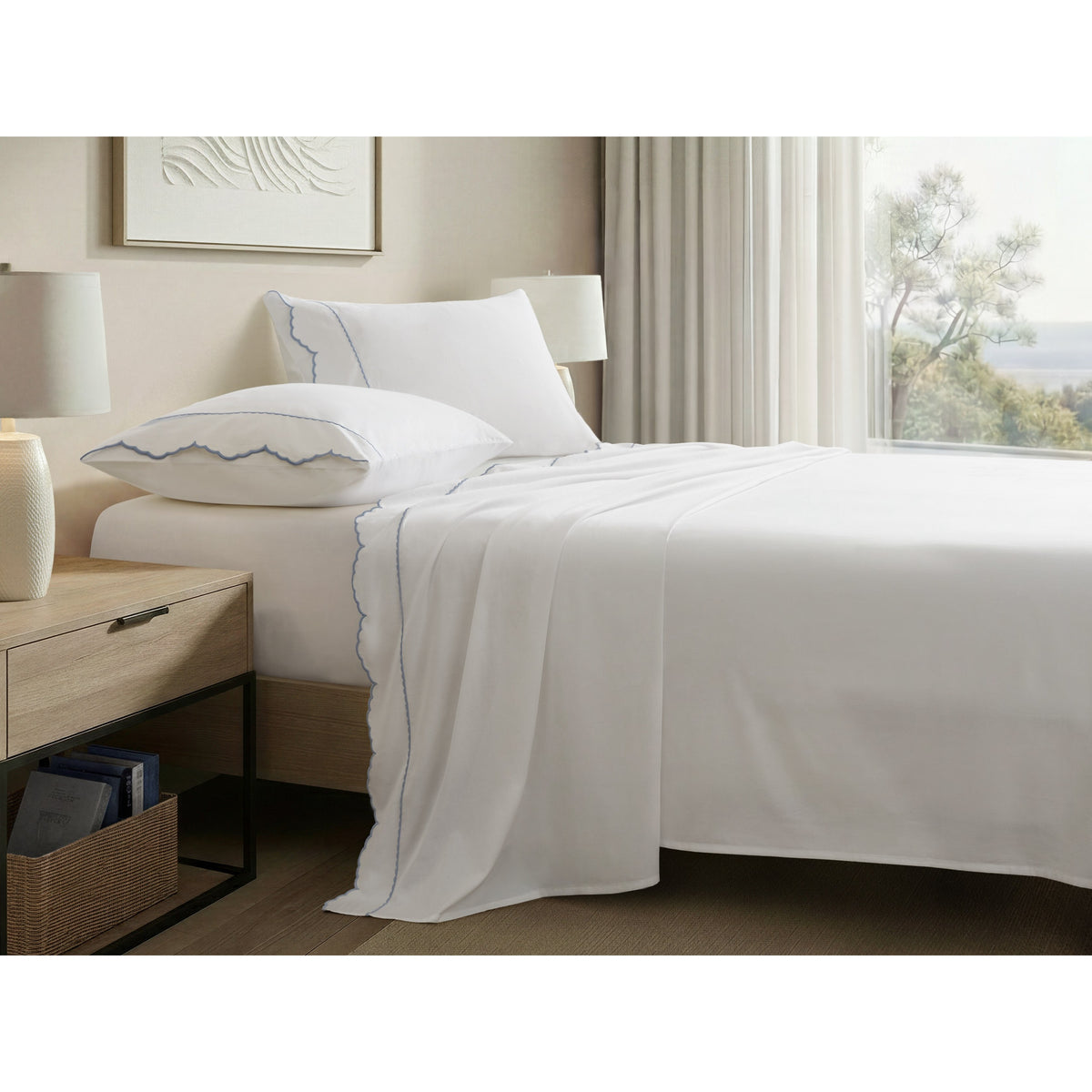 Brielle Scalloped Edge Cotton Sheet Set - Blue