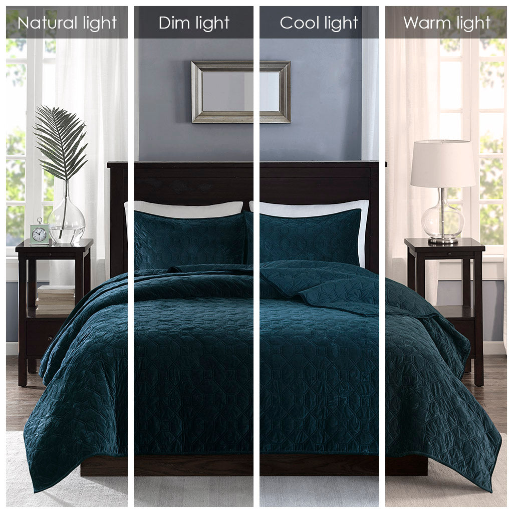 Harper 3 Piece Velvet Quilt Set - Teal