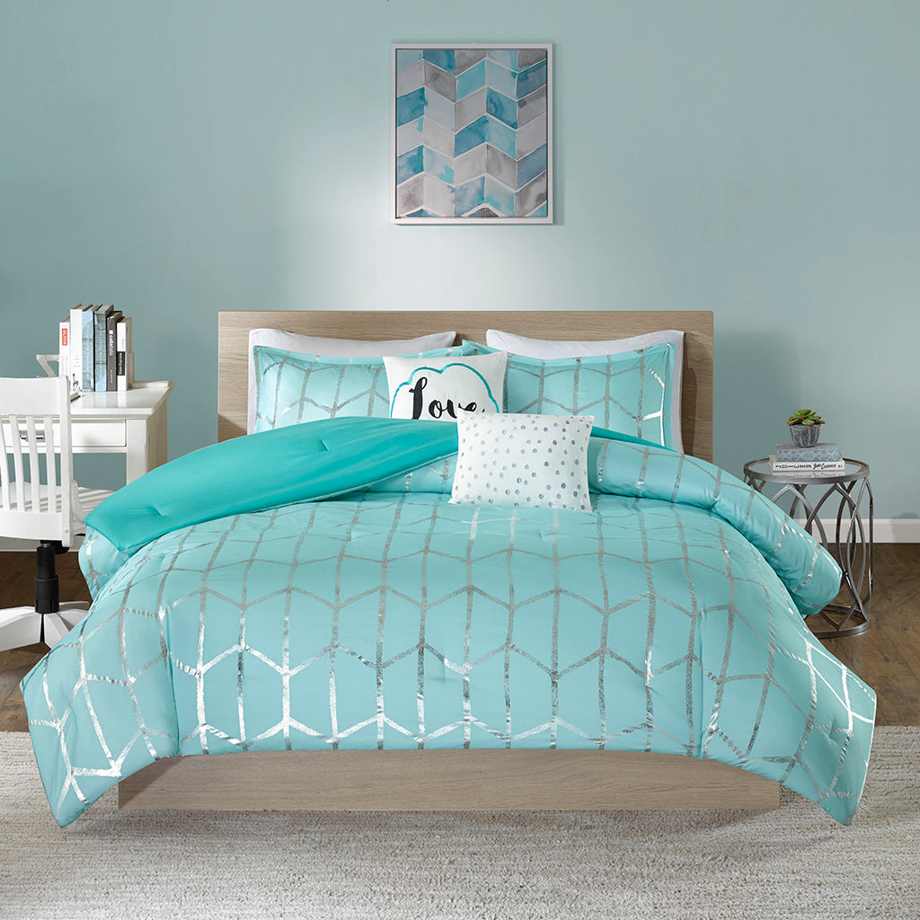 Raina Metallic Printed Comforter Set - Aqua/Silver