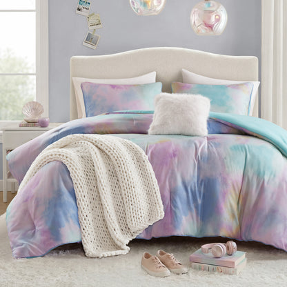 Cassiopeia Watercolor Tie Dye Printed Comforter Set with Throw Pillow - Aqua