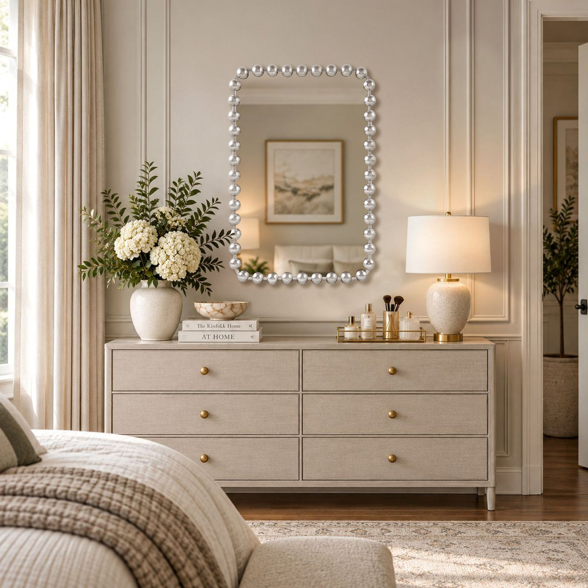 Marlowe 24X36 Rounded Rectangle Beaded Wall Mirror - Silver