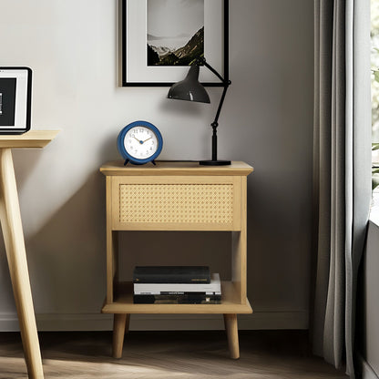 Teagan Rattan Side Table with Built-in Charging Station & LED Light - Natural