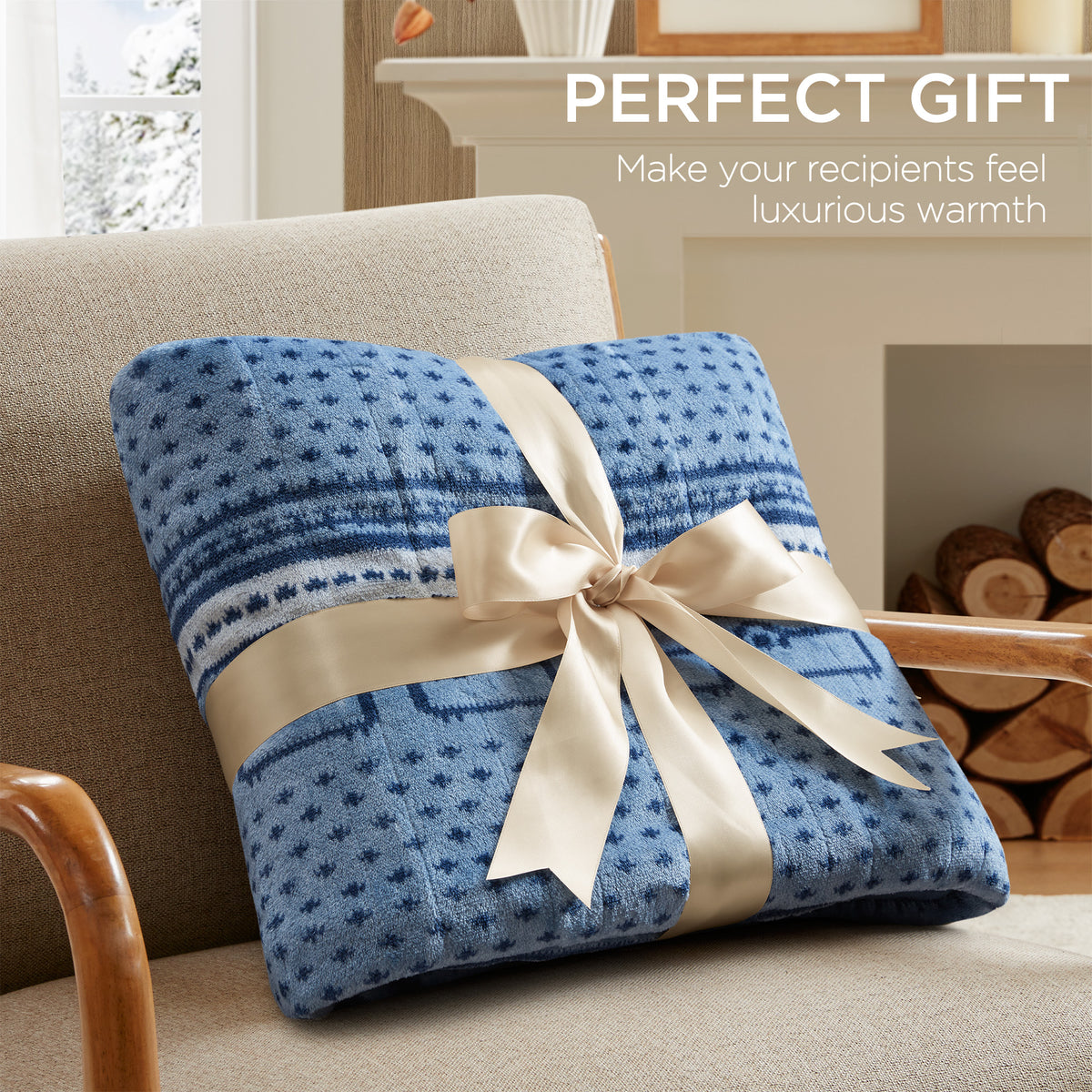 Print Plush to Sherpa Heated Throw - Blue Cozy Sheep
