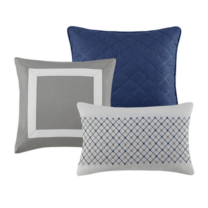 Jenson 7 Piece Color Block Stripe Comforter Set with Throw Pillows - Blue