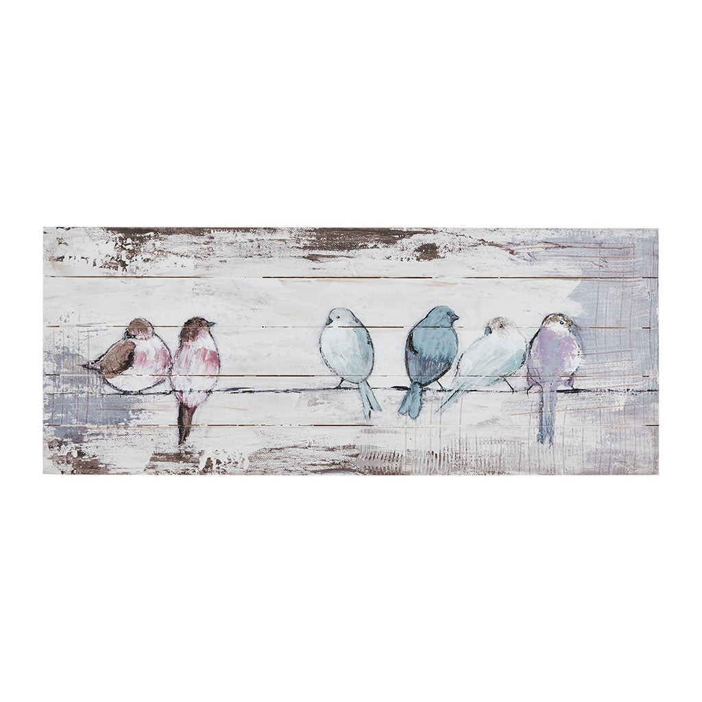 Perched Birds Hand Painted Wood Plank Panel Wall Decor - White/Grey