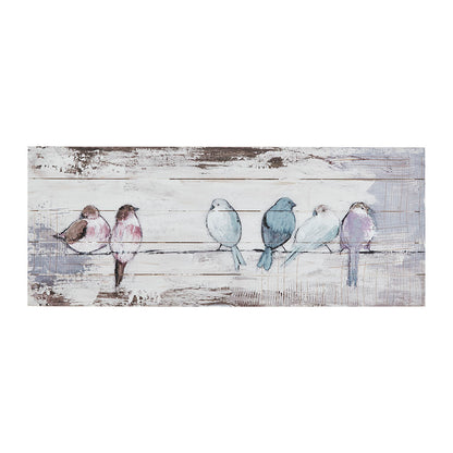 Perched Birds Hand Painted Wood Plank Panel Wall Decor - White/Grey