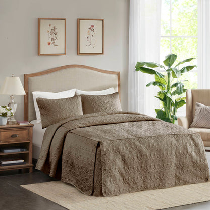 Quebec 3 Piece Split Corner Pleated Quilted Bedspread - Khaki