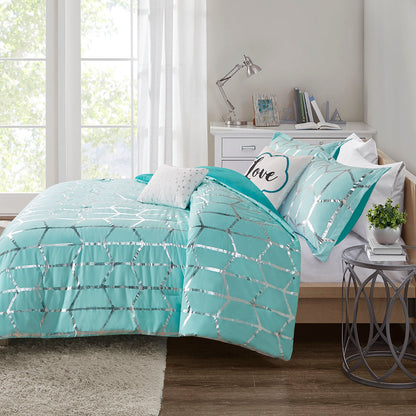 Raina Metallic Printed Comforter Set - Aqua/Silver