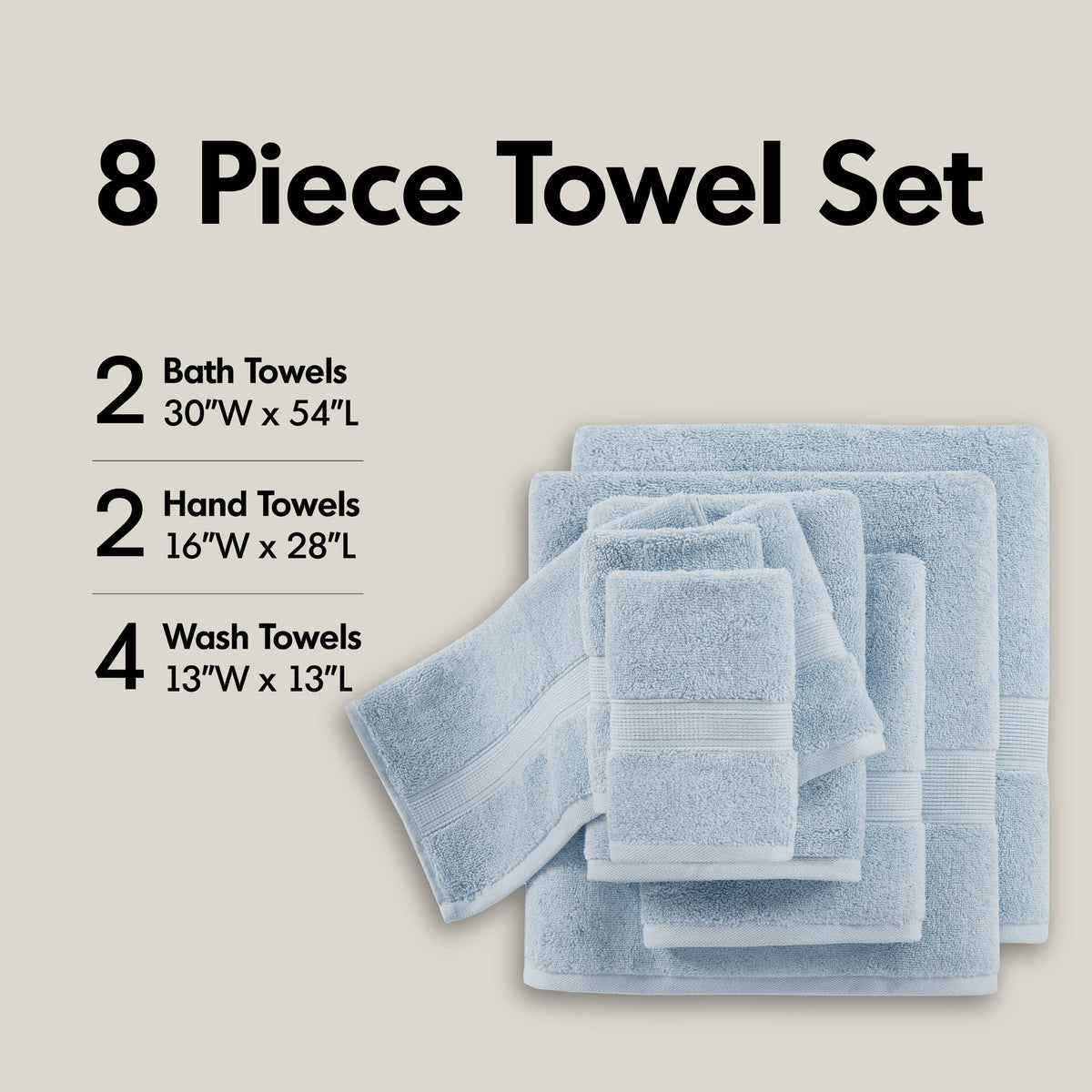 800GSM 100% Cotton 8 Piece Towel Set - Light Blue