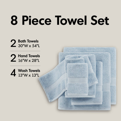 800GSM 100% Cotton 8 Piece Towel Set - Light Blue