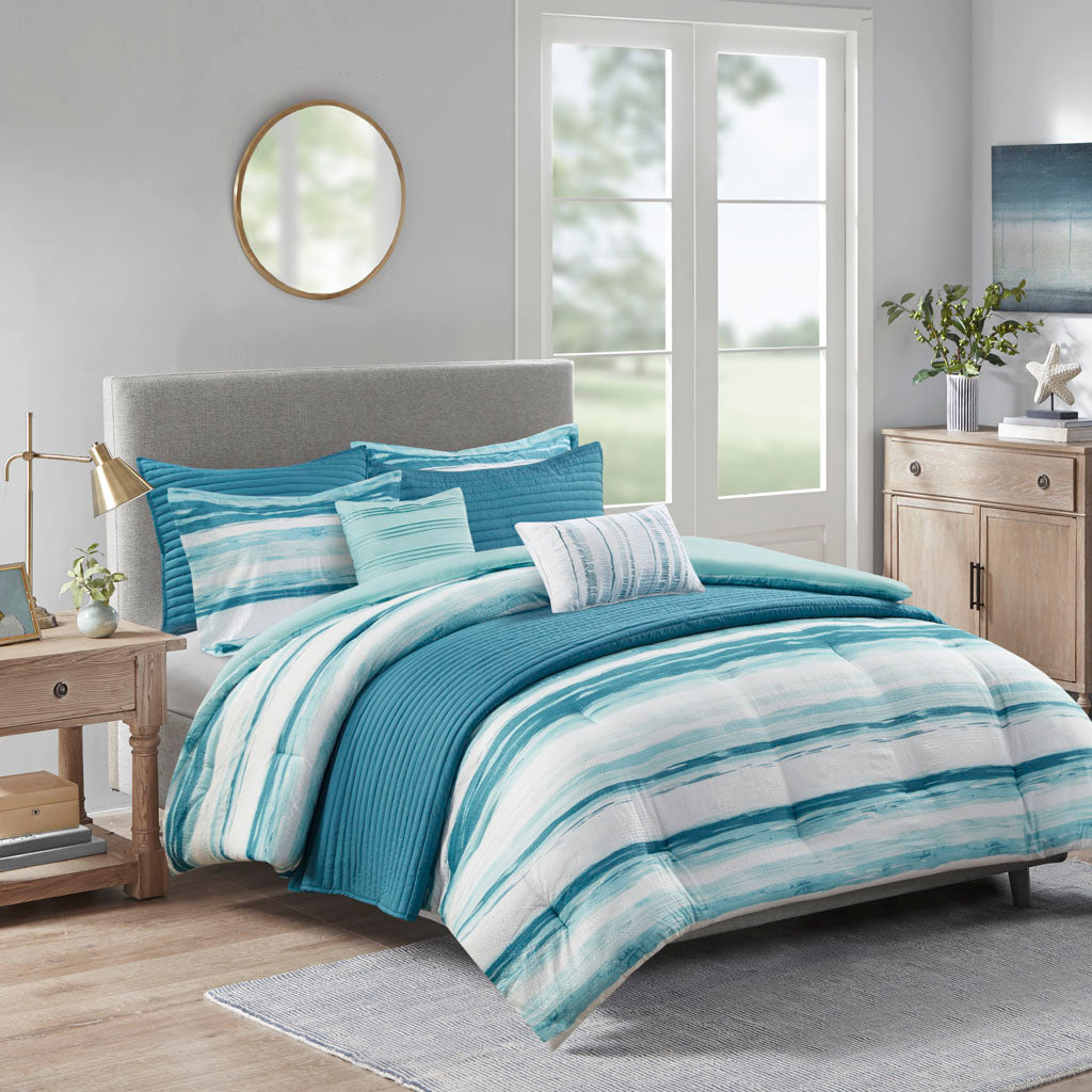 Marina 8 Piece Printed Seersucker Comforter and Quilt Set Collection - Aqua