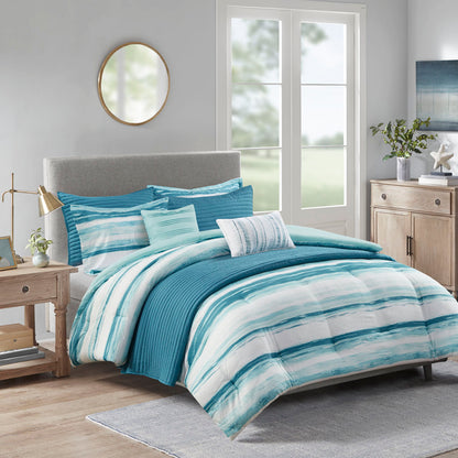 Marina 8 Piece Printed Seersucker Comforter and Quilt Set Collection - Aqua