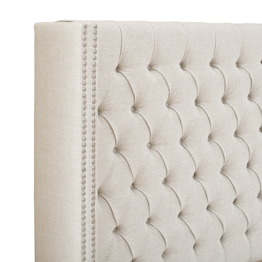 Amelia Upholstered Wingback Headboard with Button Tufting & Nailhead Trim - Cream