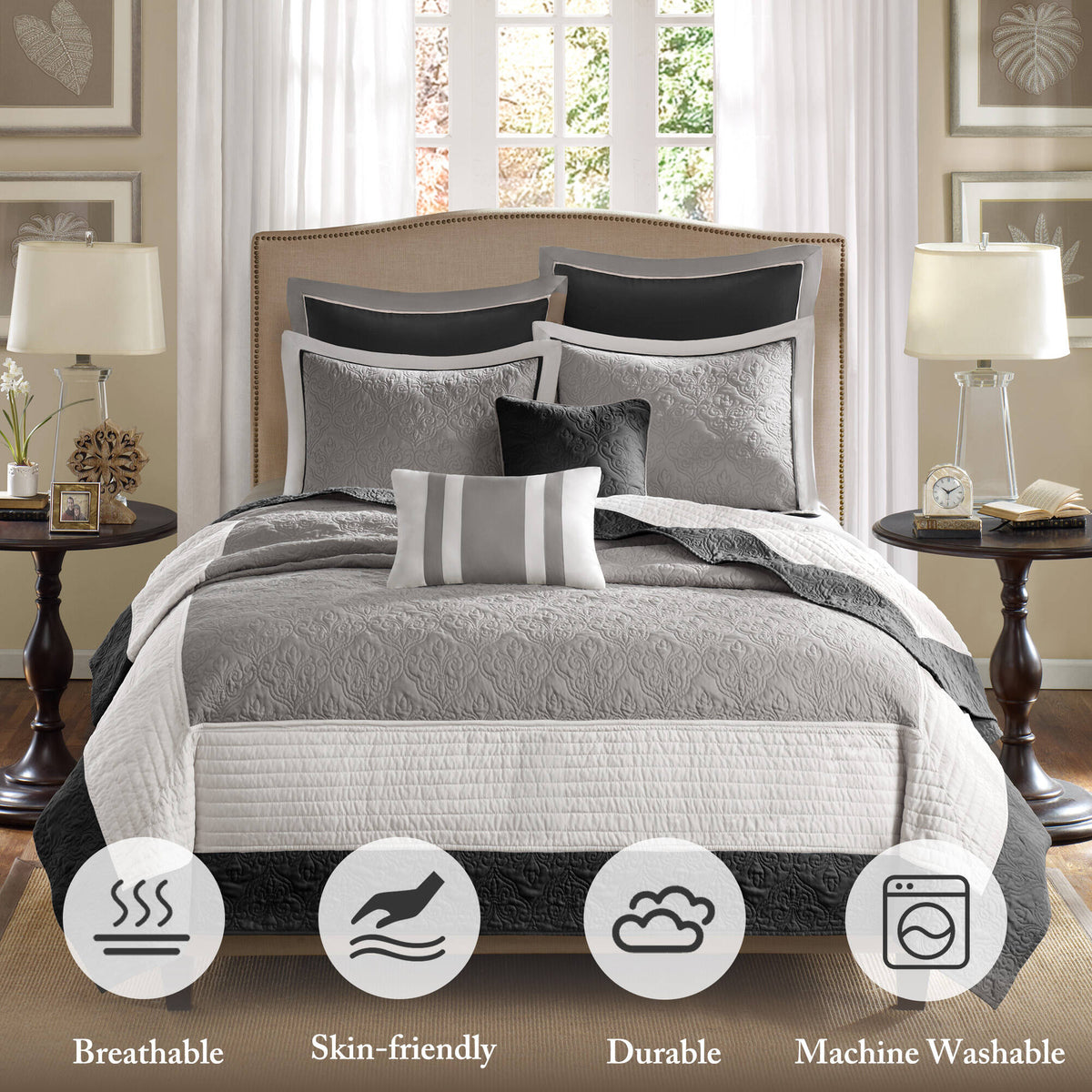 Attingham 7 Piece Quilt Set with Euro Shams and Throw Pillows - Black