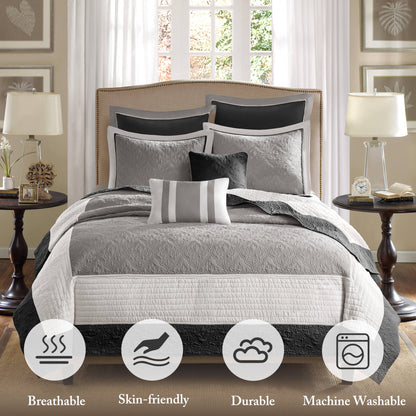 Attingham 7 Piece Quilt Set with Euro Shams and Throw Pillows - Black
