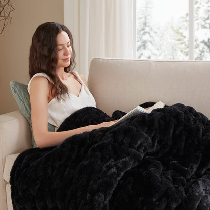 Ruched Fur Throw - Black