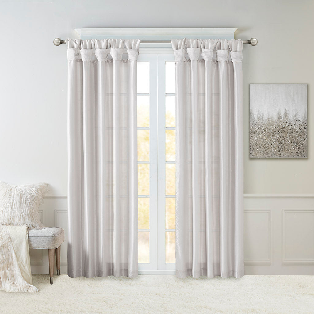 Emilia 100% Polyester Solid Faux Silk Lined Twist Tab Window Curtain - Silver