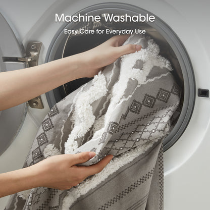 Imani Cotton Printed Shower Curtain with Chenille - Gray