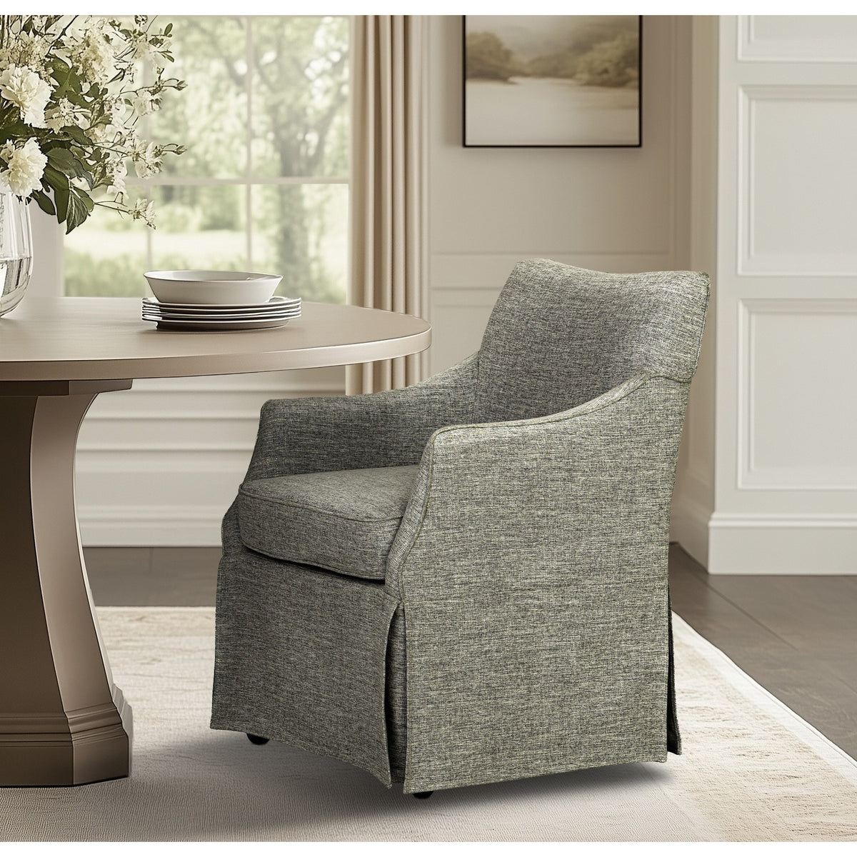 London Upholstered Skirted Dining Arm Chair with Hidden Casters - Grey