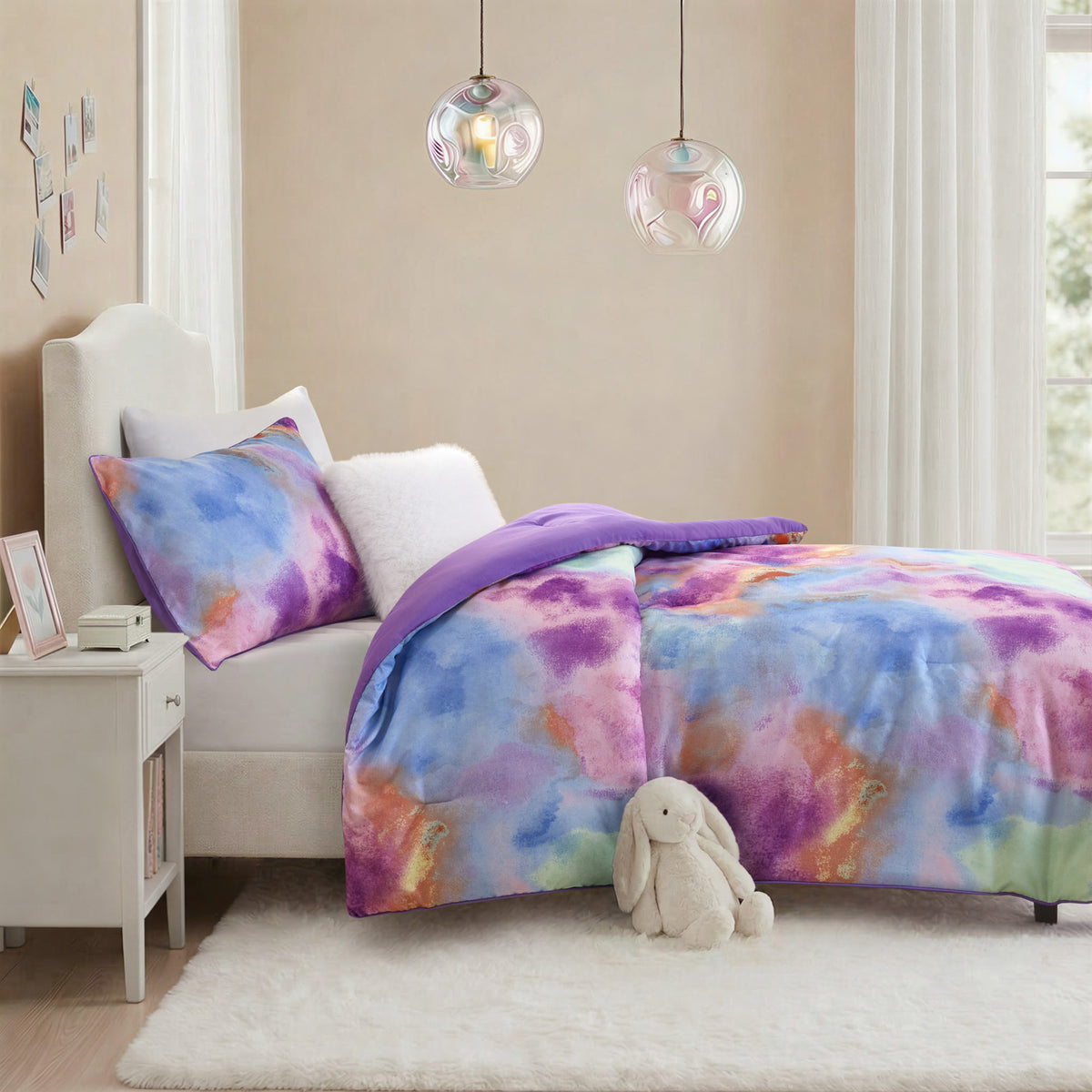 Cassiopeia Watercolor Tie Dye Printed Comforter Set with Throw Pillow - Lavender