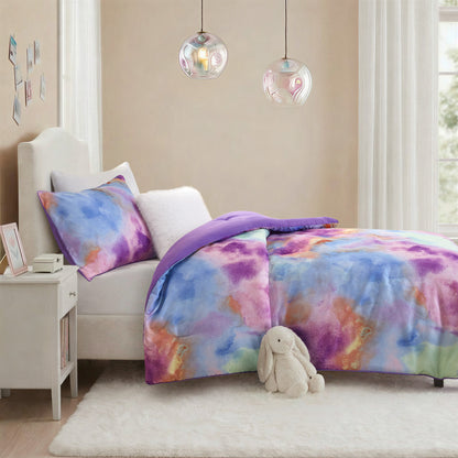 Cassiopeia Watercolor Tie Dye Printed Comforter Set with Throw Pillow - Lavender
