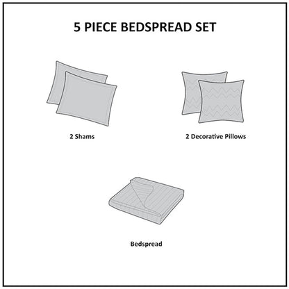 Princeton 5 Piece Reversible Jacquard Bedspread Set - Blue