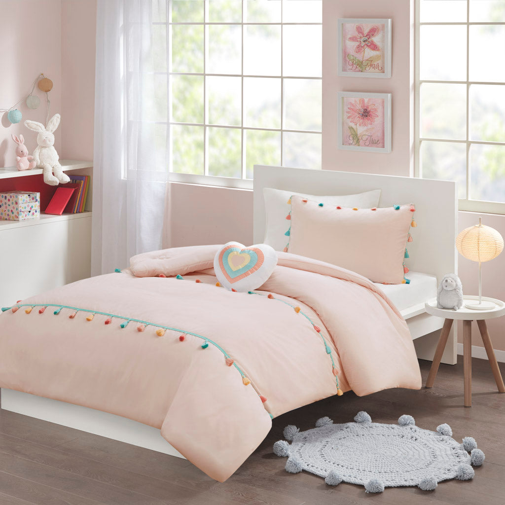 Tessa Tassel Comforter Set with Heart Shaped Throw Pillow - Blush