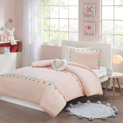 Tessa Tassel Comforter Set with Heart Shaped Throw Pillow - Blush
