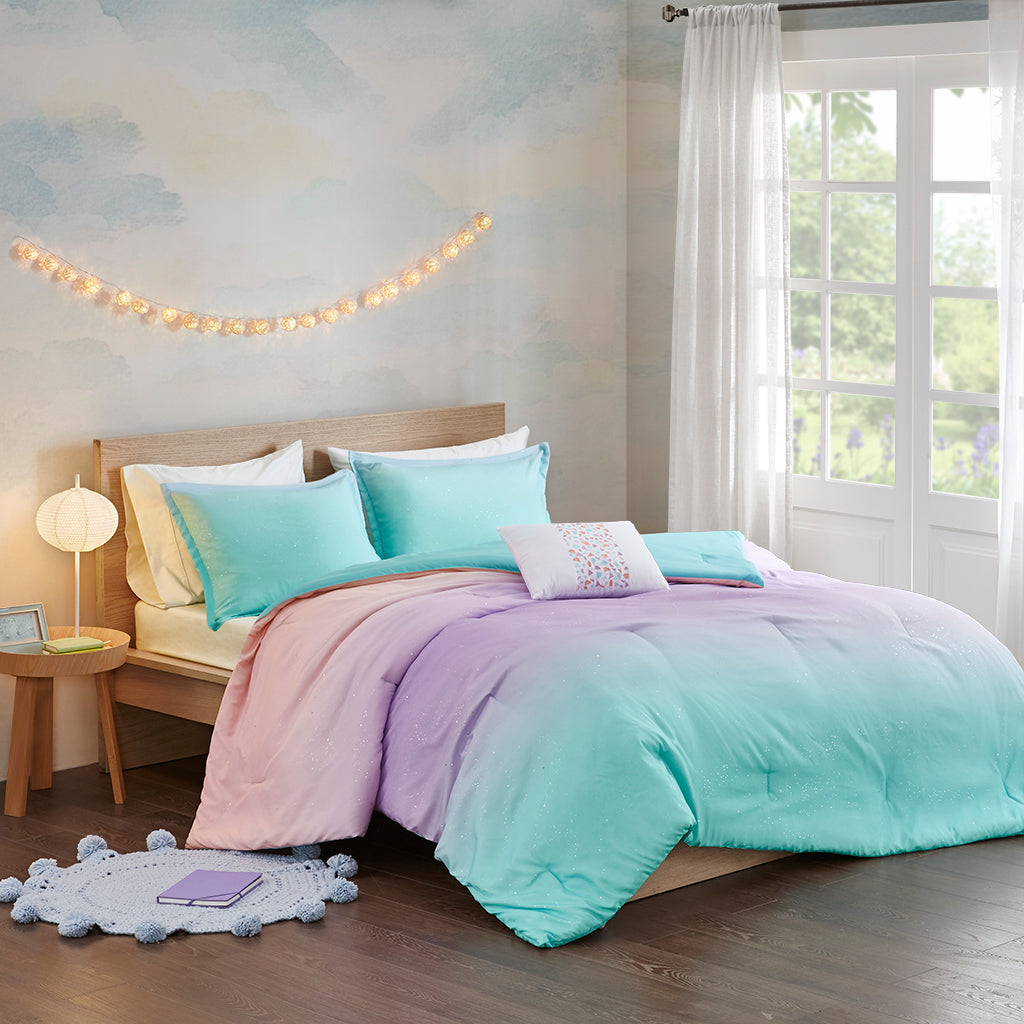 Glimmer Metallic Glitter Printed Reversible Comforter Set - Aqua