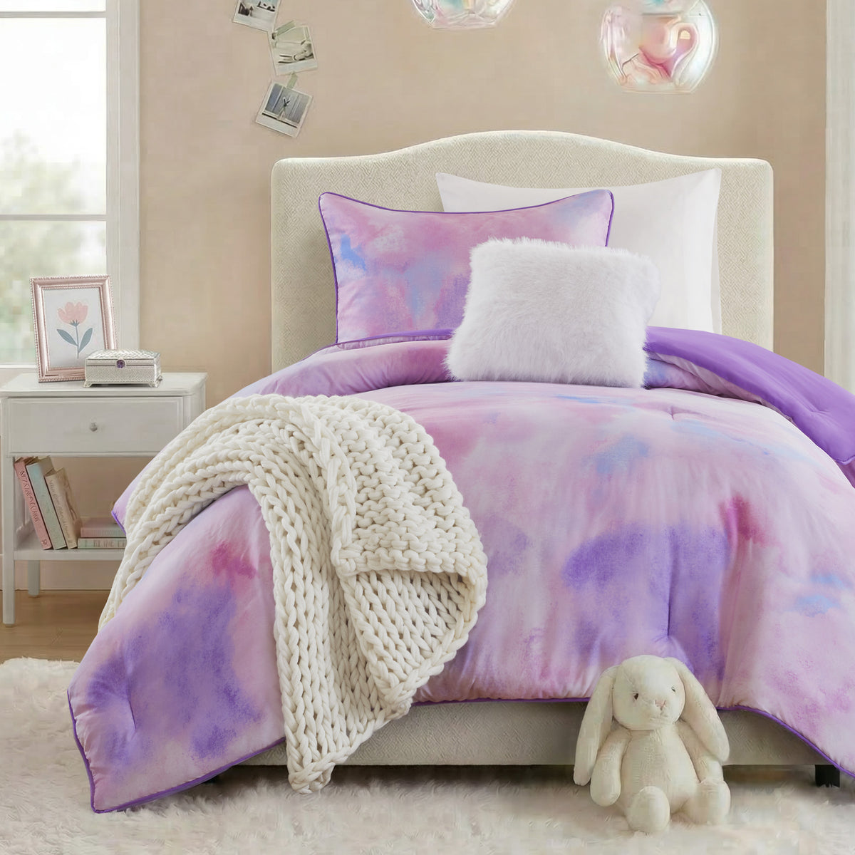 Cassiopeia Watercolor Tie Dye Printed Comforter Set with Throw Pillow - Purple