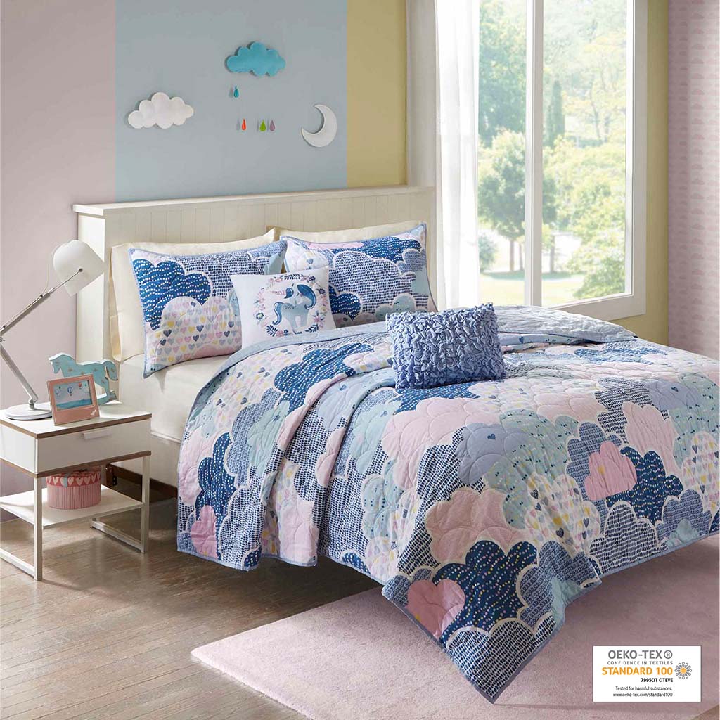 Cloud  Reversible Cotton Quilt Set with Throw Pillows - Blue