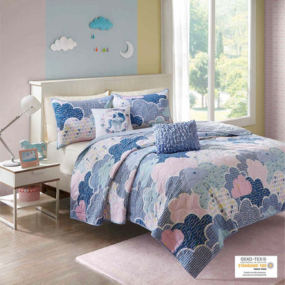 Cloud  Reversible Cotton Quilt Set with Throw Pillows - Blue