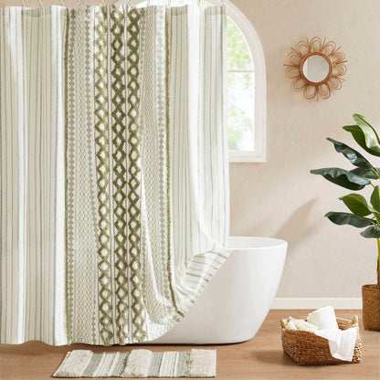 Imani Cotton Printed Shower Curtain with Chenille - Sage