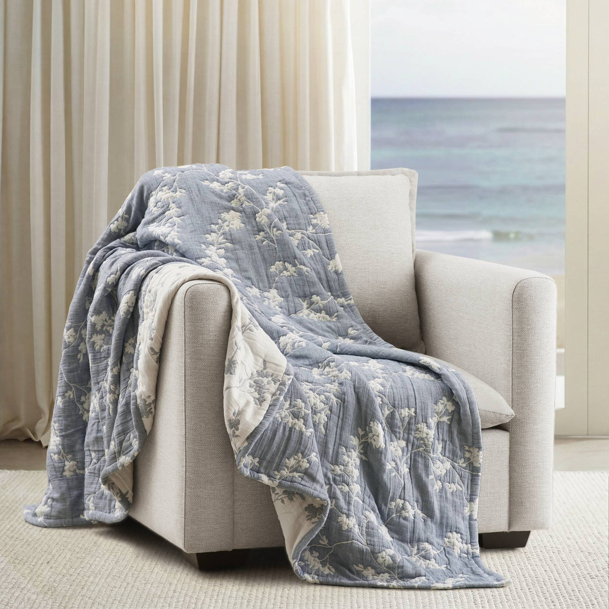 Catalina Botanical Cotton Jacquard Throw - Navy