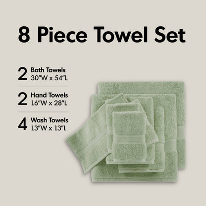 800GSM 100% Cotton 8 Piece Towel Set - Sage Green