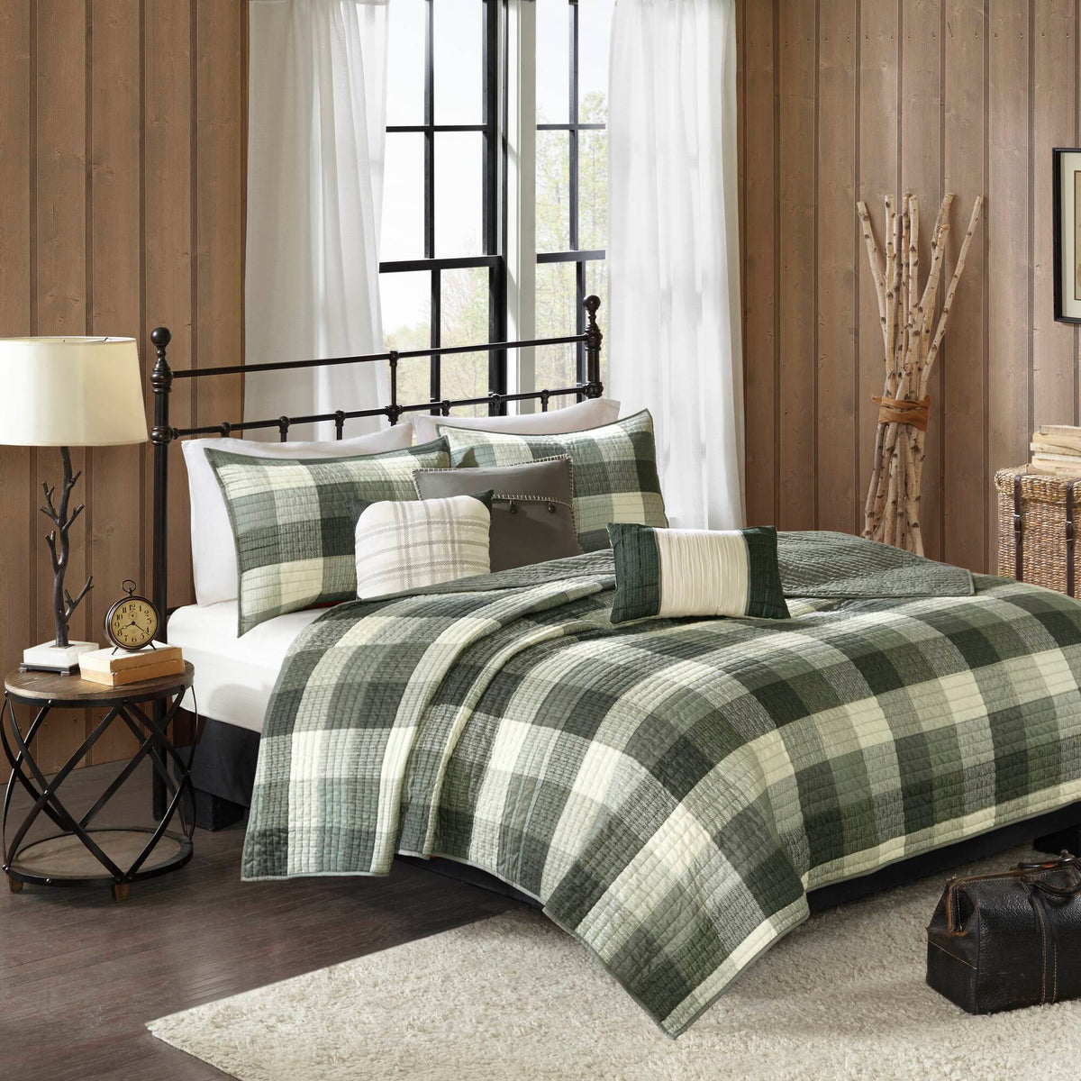 Ridge 6 Piece Printed Herringbone Quilt Set with Throw Pillows - Grey