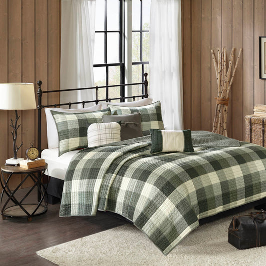 Ridge 6 Piece Printed Herringbone Quilt Set with Throw Pillows - Grey