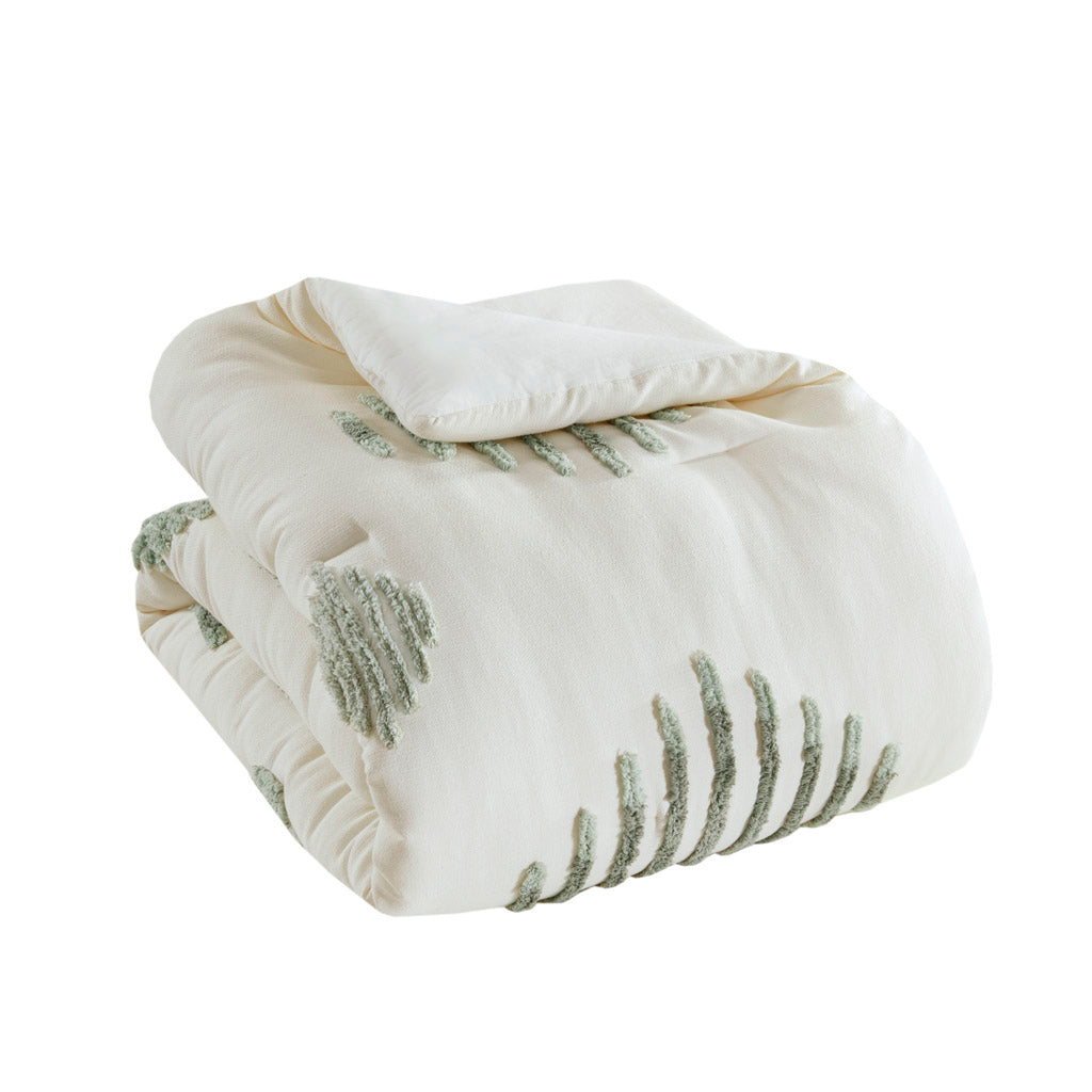 Tahli 3 Piece Cotton Blend Chenille Comforter Set - Green/Ivory