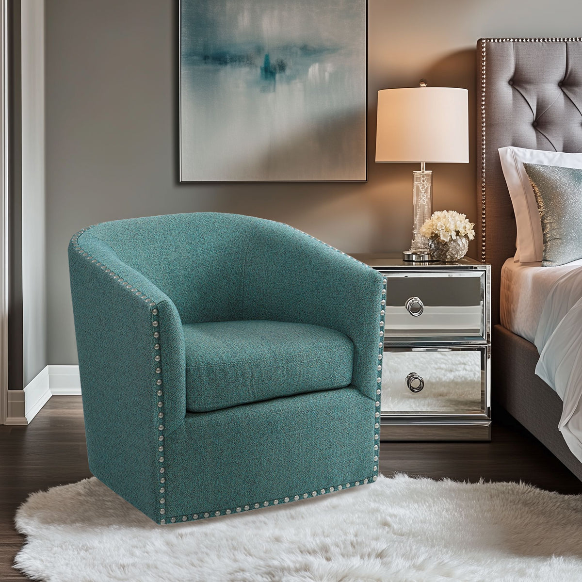 Tyler Upholstered Swivel Barrel Chair with Nailheads - Teal Multi