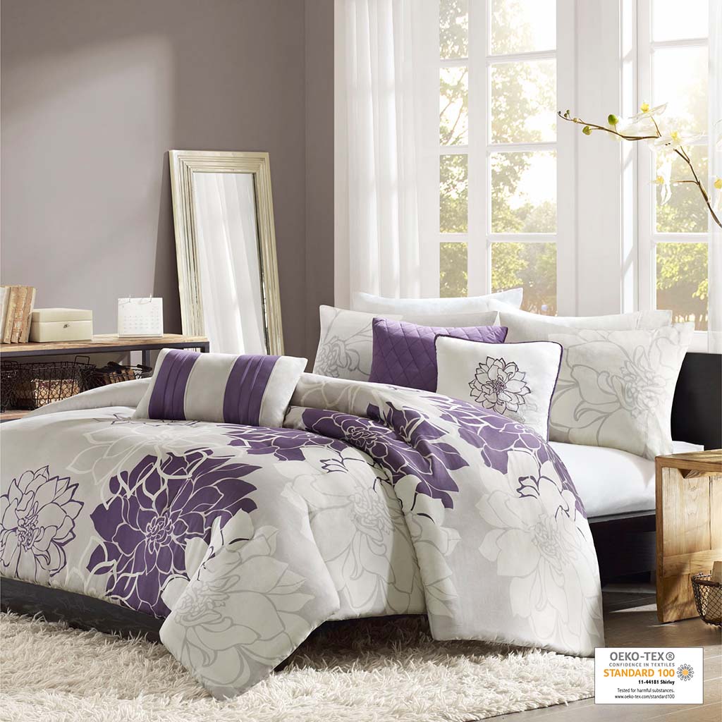 Lola 6 Piece Printed Duvet Cover Set - Taupe Grey/Purple