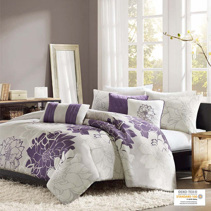 Lola 6 Piece Printed Duvet Cover Set - Taupe Grey/Purple
